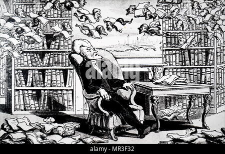 Cartoon, Dr Syntax, In der Abend in der Bibliothek meines Herrn verbracht, träumt er sich in die Faser mit Buch alle um ihn herum fliegen. Dr. Syntax, eine Comic-figur erstellt von William Combe und Thomas Rowlandson cartoonist. William Combe (1742-1823) ein Britischer diverses Schriftsteller. Thomas Rowlandson (1756-1827) ein englischer Künstler und Karikaturist. Vom 19. Jahrhundert Stockfoto