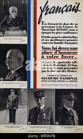 Marshall Philippe Petain appelliert an die Menschen in Frankreich auf einem Vichy Französisch Propagandaplakat während des Zweiten Weltkriegs ausgestellt. 1941. Henri Philippe Petain (1856 - 1951), war ein französischer General, später wurde der Chef der Zustand von Vichy Frankreich, von 1940 bis 1944 Stockfoto