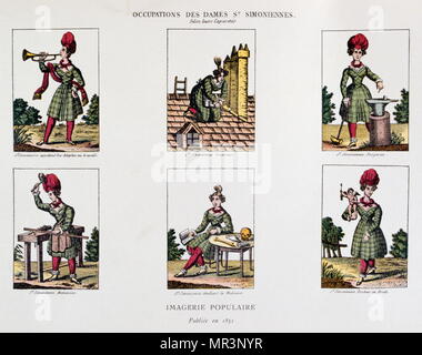 Die verschiedenen Berufe (Beschäftigung) der Frauen, Illustration von Les Saint-Simoniens, 1830, von Henry-René D'Allemagne. Saint-Simonism war einer Ideologie an, die auf eine sozio-ökonomische und politische Doktrin basierte, die Einfluss auf die entscheidend im neunzehnten Jahrhundert. Es hat seinen Namen von den Grafen von Saint-Simon (1760-1825). Sein Schüler oder Unterstützer heißt 'Saint-Simonian.' Es wie die Gründung der Französischen industriellen Gesellschaft angesehen werden kann. Stockfoto