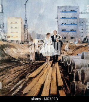 Malerei von der sowjetischen russischen Künstler, Yuri Pimenov, eine Hochzeit auf Morgen Street 1962. Yuri Pimenov (1903-1977) war ein prominenter sowjetischer Maler Stockfoto