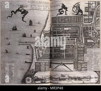 Plan von Schloss und Stadt Batavia (Jakarta) in der niederländischen Ostindien (Indonesien) 1727. Von Reisen nach Persien und Indien 1727, von Johan Albrecht de Mandelslo (1616 - 1644). 17. Jahrhundert Deutsche Abenteurer, der über seine Reise durch Persien und Indien schrieb. Stockfoto