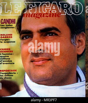 Abdeckung an der Vorderseite von der französischen Zeitschrift "Le Figaro" nach der Ermordung Rajiv Gandhi, 1944 - 1991. 6. Der indische Premierminister, das von 1984 bis 1989. Er trat sein Amt nach der Ermordung 1984 seiner Mutter, Premierministerin Indira Gandhi, Stockfoto