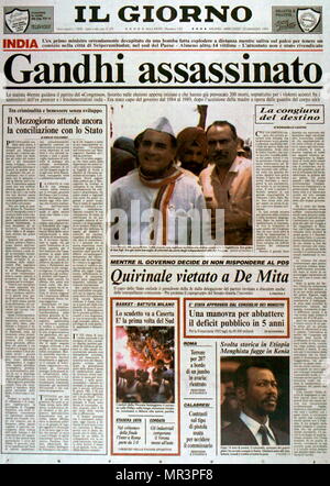 Vordere Abdeckung der italienischen Zeitung "Il Giorno' nach der Ermordung Rajiv Gandhi, 1944 - 1991. 6. Der indische Premierminister, das von 1984 bis 1989. Er trat sein Amt nach der Ermordung 1984 seiner Mutter, Premierministerin Indira Gandhi, Stockfoto