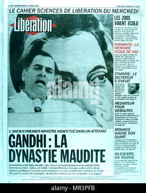 Vordere Abdeckung der Französischen Publikation 'Befreiung' nach der Ermordung Rajiv Gandhi, 1944 - 1991. 6. Der indische Premierminister, das von 1984 bis 1989. Er trat sein Amt nach der Ermordung 1984 seiner Mutter, Premierministerin Indira Gandhi, Stockfoto