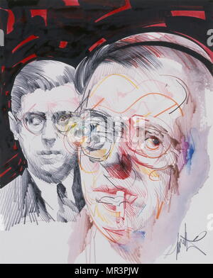 Jean-Paul Sartre (1905 - 1980), französischer Philosoph, Dramatiker, Schriftsteller, politischer Aktivist. 1990 Porträt auf ein Poster von Raymond Moretti (1931-2005), französischer Maler und Bildhauer. Stockfoto