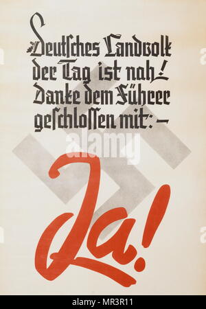 (Pro-Nazi), Propaganda Poster für Hitler bei der Volksbefragung 1934, auf die Zusammenführung der Beiträge von Kanzler und Präsident war nach dem Tod von Präsident Paul von Hindenburg 17 Tage früher statt. Die deutsche Führung beantragt Zulassung für Adolf Hitler's Annahme der obersten Macht zu gewinnen. Stockfoto