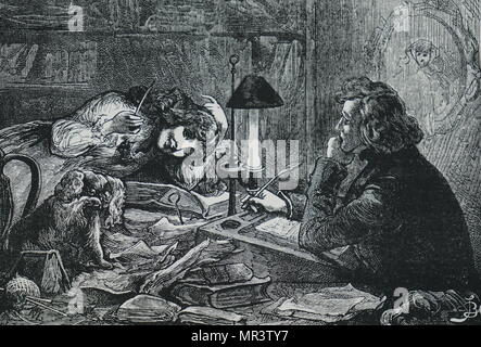 Abbildung aus Charles Dickens' Roman "David Copperfield". David Copperfield ist mit seinem Kind - Frau Dora gesehen. Charles Dickens (1812-1870), englischer Schriftsteller und sozialkritiker der viktorianischen Ära. Vom 19. Jahrhundert Stockfoto