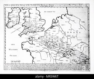 Edmond Halley's Solar Eclipse Chart an, die den Weg von der Schatten des Mondes über Europa, England und Irland während der Sonnenfinsternis 1724. Edmond Halley (1656-1742) ein englischer Astronom, Mathematiker, Geophysiker und Meteorologe, Physiker. Vom 18. Jahrhundert Stockfoto