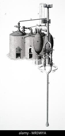 Diagramm der Darstellung Thomas Savery's Dampf Pumpe von 1702, auch bekannt als "der Bergmann Freund'. Thomas Savery (1650-1715) ein englischer Erfinder und Ingenieur. Vom 19. Jahrhundert Stockfoto
