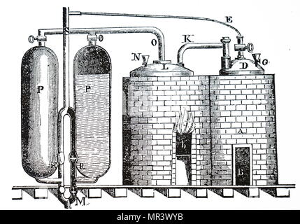 Diagramm der Darstellung Thomas Savery's Dampfmaschine von 1699 für das Pumpen von Wasser aus Minen. Double Furnace (rechts) mit Kessel, deren Dampf führt zu den Zylindern (PP) Es weiter gekühlt wird, wodurch Unterdruck (PP), die Wasser saugt durch das Rohr M.Thomas Savery (1650-1715) ein englischer Erfinder und Ingenieur. Vom 19. Jahrhundert Stockfoto