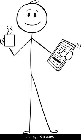 Cartoon von Happy Geschäftsmann mit Tasse Kaffee oder Tee und Tablet in der Hand Stock Vektor