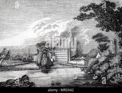 Gravur, Sir Thomas Lombe's Seide Mühle am Fluss Derwent bei Derby. Dies war das erste Wasser-angetriebene Textilfabrik in Großbritannien (ca.. 1720) und Arkwright's um 50 Jahre voraus. Thomas Lombe (1685-1739) ein englischer Kaufmann und Entwickler von Maschinen für die Seide zu werfen. Vom 19. Jahrhundert Stockfoto