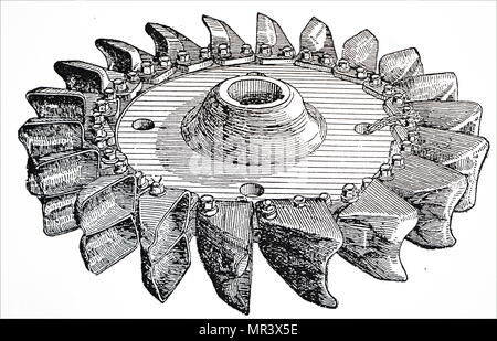 Kupferstich mit der Darstellung eines Pelton Rad, zeigt die gekrümmten Schaufeln geteilt und die Düse, aus denen eine geregelte Wasserstrahl auf Sie gerichtet war. Von Lester Allen Pelton (1829-1908) amerikanischer Erfinder erfunden. Vom 19. Jahrhundert Stockfoto