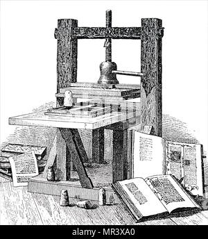 Gravur, Johannes Gutenbergs Drucker. Johannes Gutenberg (1400-1468), einem deutschen Schmied, Goldschmied, Drucker und Verleger, Drucken in Europa eingeführt. Vom 19. Jahrhundert Stockfoto