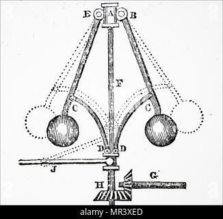 Kupferstich mit der Darstellung der Gouverneur von James Watts Dampfmaschine. James Watt (1736-1819) ein schottischer Erfinder, Maschinenbauingenieur und Chemiker. Vom 19. Jahrhundert Stockfoto