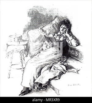 Abbildung: Darstellung einer Frau, ihr Buch zu lesen, wie sie sich in ihrem Stuhl stützt. Vom 19. Jahrhundert Stockfoto
