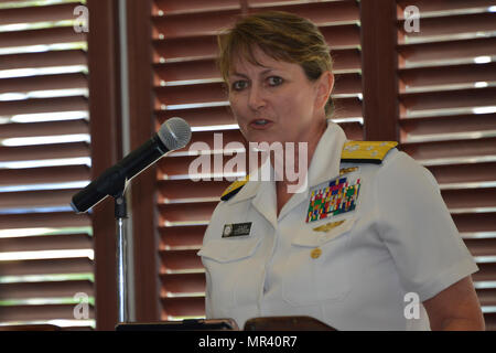 FORT LAUDERDALE, Fla - Vizeadmiral Jan Tighe sprach ein Gruß an Frauen in der militärischen Veranstaltung im Yacht Club Lauderdale in Fort Lauderdale, Florida, am 4. Mai 2017. Die Veranstaltung war Teil der 27. Flotte Woche Port Everglades und wurde gesponsert von insgesamt Marine Solutions Inc. Tighe ist stellvertretender Leiter der Marine Zählpunkten für Informationen Kriegsführung und Direktor der Naval Intelligence sprach. (U.S. Marine Corps Foto von Staff Sgt. Rebekka S. Heite/freigegeben) Stockfoto