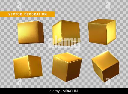 Design Element in Form des 3D-Würfel Gold Farbe gesetzt werden. Platz isoliert, mit transparentem Hintergrund Stock Vektor