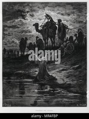 Jakob im Gebet, Illustration aus der Dore Bibel 1866. In 1866 wurde der französische Künstler und Illustrator Gustave Dore (1832-1883), veröffentlichte eine Reihe von 241 Holz Gravuren für eine neue Deluxe Edition der 1843 Französische Übersetzung der Vulgata Bibel, im Volksmund als die Bibel de Touren bekannt. Diese neue Ausgabe wurde bekannt als La Grande Bibel de Tours und seine Illustrationen waren außerordentlich erfolgreich. Jakob ist als Patriarch der Söhne Israel betrachtet. Nach dem Buch Genesis, Jakob war der dritte Hebräisch Stammvater, mit dem Gott einen Bund gemacht. Er ist der Sohn des Isaak und Rebecca, Stockfoto
