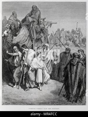 Joseph von seinen Brüdern, Illustration aus der Dore Bibel 1866 verkauft. In 1866 wurde der französische Künstler und Illustrator Gustave Dore (1832-1883), veröffentlichte eine Reihe von 241 Holz Gravuren für eine neue Deluxe Edition der 1843 Französische Übersetzung der Vulgata Bibel, im Volksmund als die Bibel de Touren bekannt. Diese neue Ausgabe wurde bekannt als La Grande Bibel de Tours und seine Illustrationen waren außerordentlich erfolgreich. Joseph ist eine wichtige Figur im Buch der Genesis, in Sklaverei verkauft durch Seine eifersüchtige Brüder, er stieg auf wesir geworden, der zweite mächtigste Mann in Ägypten neben Pharao Stockfoto