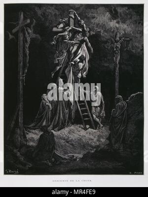 Vom Kreuz Abfahrt, die Abscheidung von Christus, Abbildung aus dem Dore Bibel 1866. In 1866 wurde der französische Künstler und Illustrator Gustave Dore (1832-1883), veröffentlichte eine Reihe von 241 Holz Gravuren für eine neue Deluxe Edition der 1843 Französische Übersetzung der Vulgata Bibel, im Volksmund als die Bibel de Touren bekannt. Diese neue Ausgabe wurde bekannt als La Grande Bibel de Tours und seine Illustrationen waren außerordentlich erfolgreich. Stockfoto