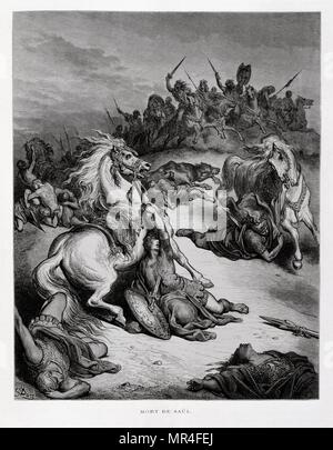 Tod von König Saul von Israel, Abbildung aus dem Dore Bibel 1866. In 1866 wurde der französische Künstler und Illustrator Gustave Dore (1832-1883), veröffentlichte eine Reihe von 241 Holz Gravuren für eine neue Deluxe Edition der 1843 Französische Übersetzung der Vulgata Bibel, im Volksmund als die Bibel de Touren bekannt. Diese neue Ausgabe wurde bekannt als La Grande Bibel de Tours und seine Illustrationen waren außerordentlich erfolgreich. Stockfoto
