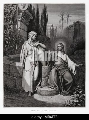 Jesus und der Gute Samariter, Abbildung aus dem Dore Bibel 1866. In 1866 wurde der französische Künstler und Illustrator Gustave Dore (1832-1883), veröffentlichte eine Reihe von 241 Holz Gravuren für eine neue Deluxe Edition der 1843 Französische Übersetzung der Vulgata Bibel, im Volksmund als die Bibel de Touren bekannt. Diese neue Ausgabe wurde bekannt als La Grande Bibel de Tours und seine Illustrationen waren außerordentlich erfolgreich. Stockfoto