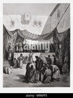 Das Fest in Kana, Abbildung aus dem Dore Bibel 1866. In 1866 wurde der französische Künstler und Illustrator Gustave Dore (1832-1883), veröffentlichte eine Reihe von 241 Holz Gravuren für eine neue Deluxe Edition der 1843 Französische Übersetzung der Vulgata Bibel, im Volksmund als die Bibel de Touren bekannt. Neue Ausgabe bekannt als La Grande Bibel de Touren Abbildungen sehr erfolgreich waren. Die Hochzeit in Kana (1563, auch die Hochzeit zu Kana), von Paolo Veronese, ist eine gegenständliche Malerei, die die biblische Geschichte der Hochzeit zu Kana, Hochzeit, bei der Jesus verwandelt Wasser in Wein zeigt Stockfoto