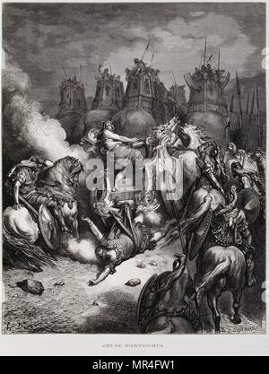 Tod von Antiochos IV Epiphanes, griechische König des Seleukidenreiches von 175 v. Chr. bis zu seinem Tod 164 v. Chr. Abbildung aus dem Dore Bibel 1866. 1866, französischer Künstler und Illustrator Gustave Doré (1832-1883) veröffentlichte eine Reihe von 241 Holz Gravuren für eine neue Deluxe Edition der 1843 Französische Übersetzung der Vulgata Bibel, im Volksmund als die Bibel de Touren bekannt. Die neue Ausgabe wurde bekannt als La Grande Bibel de Tours und seine Illustrationen waren außerordentlich erfolgreich. Sein Tod kam im Gefolge seiner Verfolgung der Juden in Judäa und Samaria, und der Rebellion der Jüdischen Makkabäer. Stockfoto
