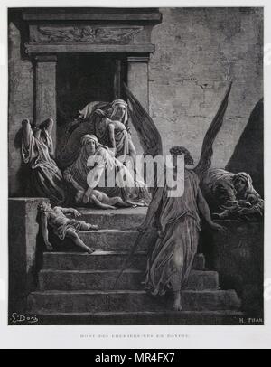 Der Engel des Todes boten den Tod der Erstgeborenen Kinder in Ägypten, eine der Plagen, die Ägypten für die Ablehnung des jüdischen Volkes auf freie, Abbildung aus dem Dore Bibel 1866. In 1866 wurde der französische Künstler und Illustrator Gustave Doré (1832-1883), veröffentlichte eine Reihe von 241 Holz Gravuren für eine neue Deluxe Edition der 1843 Französische Übersetzung der Vulgata Bibel, im Volksmund als die Bibel de Touren bekannt. Diese neue Ausgabe wurde bekannt als La Grande Bibel de Tours und seine Illustrationen waren außerordentlich erfolgreich. Stockfoto