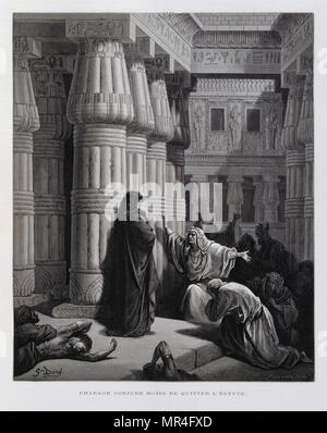 Pharao beauftragt Mose das Jüdische Volk aus Ägypten, Illustration aus der Dore Bibel 1866 zu nehmen. In 1866 wurde der französische Künstler und Illustrator Gustave Doré (1832-1883), veröffentlichte eine Reihe von 241 Holz Gravuren für eine neue Deluxe Edition der 1843 Französische Übersetzung der Vulgata Bibel, im Volksmund als die Bibel de Touren bekannt. Diese neue Ausgabe wurde bekannt als La Grande Bibel de Tours und seine Illustrationen waren außerordentlich erfolgreich. Stockfoto