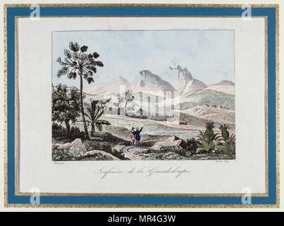 Französische Lithographie zeigt den Vulkan "La Soufrière", in der Kolonie Guadeloupe (in der Karibik). 1840 Stockfoto