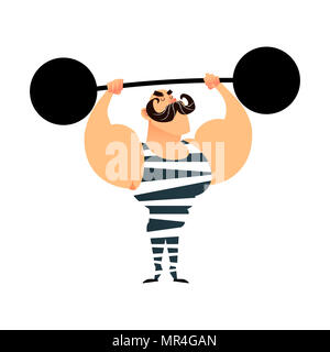 Lustige cartoon Zirkus starken Mann. Eine starke Muskulatur Athlet hebt den Barbell. Retro Sportler mit Schnurrbart. Flache Kerl Charakter mit heavy metal Barbell. Bodybuilder Stockfoto