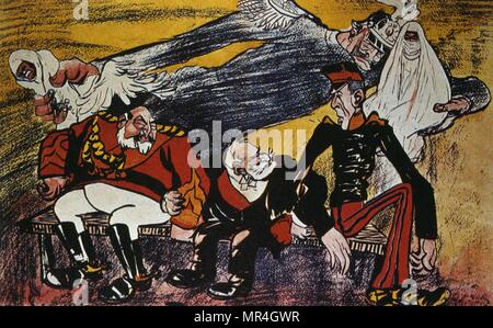 Französische satirische Karikatur 1905, Französisch, Deutsch und Spanisch Rivalität in Marokko. Kaiser Wilhelm II. und König Alfons XIII. Stockfoto