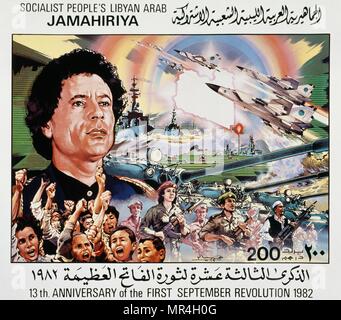 Libysche Propaganda Poster 1982, Darstellung des Libyschen Staatschefs Muammar Gaddafi Mohammed Abu Minyar (C. 1942 - 2011), der von einem libyschen Revolutionär, Politiker und politische Theoretiker. Stockfoto