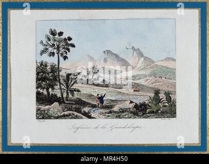 Französische Lithographie zeigt den Vulkan La Soufrière, in der Kolonie Guadeloupe (in der Karibik). 1840 Stockfoto