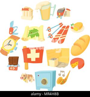 Schweiz-Reise-Ikonen-Set, Cartoon-Stil Stock Vektor