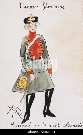 Französische Jugendstil Postkarte persiflieren Frauen in Uniform 1900: Deutsche Hussar Stockfoto