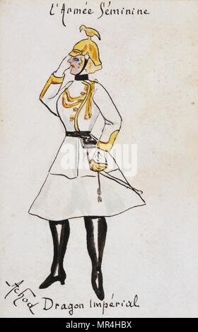 Französische Jugendstil Postkarte persiflieren Frauen in Uniform 1900: Deutsche Kaiserliche Dragoner Stockfoto