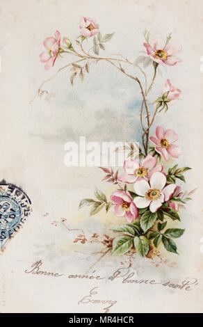Französische neues Jahr Postkarte mit Blumen 1900 Stockfoto