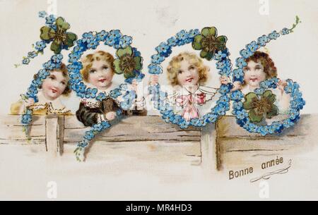 Französische neues Jahr Postkarte Darstellung Kinder und Girlanden aus Blumen 1900 Stockfoto