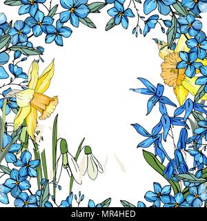 Rahmen mit Frühlingsblumen Narzissen und und kleine blaue Blüten. Stock Vektor