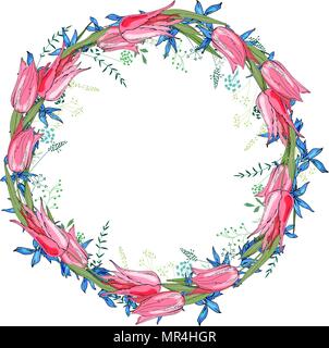 Runde Girlande mit Frühling Blumen Tulpen und und kleine blaue Blüten. Stock Vektor