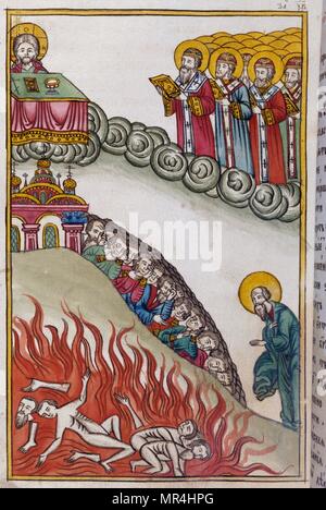 Russisch-orthodoxe Miniatur mit der Darstellung der Apokalypse des heiligen Johannes. Ca. 1750 Stockfoto