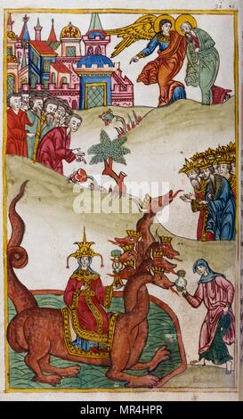 Russisch-orthodoxe Miniatur Darstellung des Hl. Johannes und die sieben vorangegangen Tier. Aus der Apokalypse des heiligen Johannes. Ca. 1750 Stockfoto