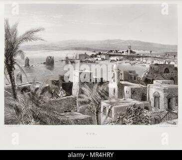 Kupferstich von Victor Guerin (1821-1891), der Hafen von Reifen im Libanon. 1875 Stockfoto