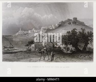 Kupferstich von Victor Guerin (1821-1891), der Hafen von Sidon, Libanon. 1875 Stockfoto