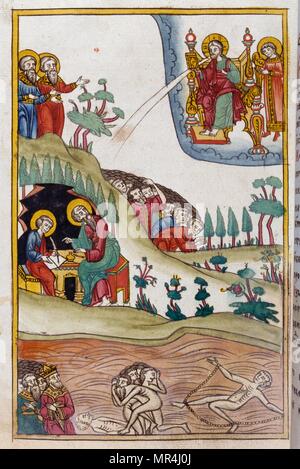 Russische Slawische, Orthodoxen Christlichen Miniatur illustrieren die Apokalypse des Hl. Johannes. Ca. 1750 Stockfoto