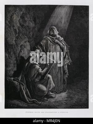 Jeremia einen Propheten der Hebräischen Bibel (Altes Testament), Diktat zu Baruch ben Nerija. Kupferstich von Gustav Dore 1866. Nach religiösen Tradition, Jeremia das Buch Jeremia, die Bücher der Könige und das Buch der Klagelieder verfasst wurden unter der Schriftleitung von Baruch ben Nerija, seinen Schreiber und Schüler. Stockfoto