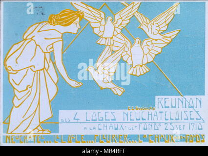 Schweizer Postkarte mit Symbolen der Freimaurerei. Von Neuchâtel, der Französischsprachigen Hauptstadt des Schweizer Kantons Neuenburg, 1910 Stockfoto
